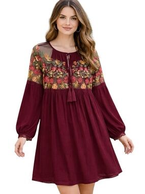 Suzanne Betro babydoll dress oversize sheer  jersey burgundy pocket flowy medium